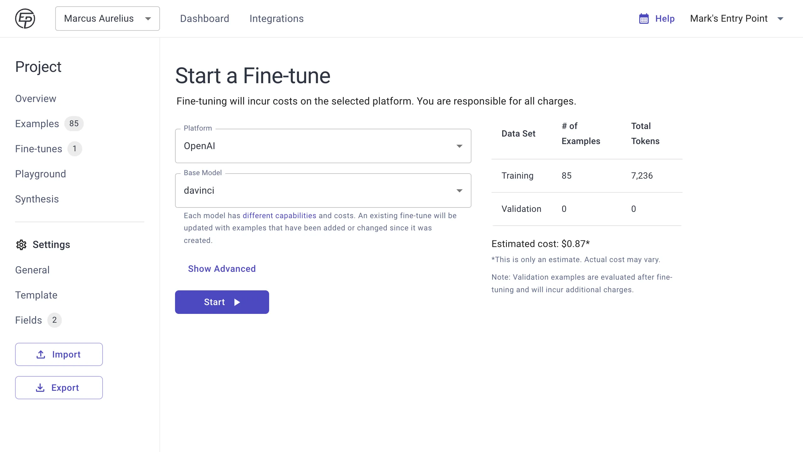 Start a fine-tune page